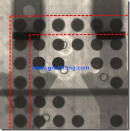 BGA錫球尺寸小于0.4mm，采用降低BGA內(nèi)圍襲球的錫膏量所得到X-Ray，稍微留意一下可以發(fā)現(xiàn)最外圈的錫量(圓的直徑)比其他內(nèi)圍的錫球上的錫量來得多一點點。也就是外圈的黑色圓形直徑比內(nèi)圈的圓形來得大一點點。