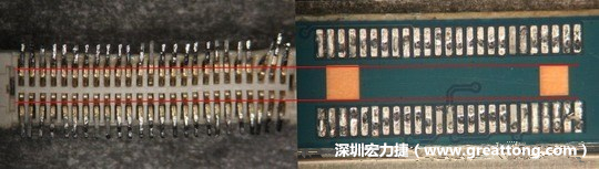 把板對板連接器與其電路板的佈線焊墊作一個(gè)比較，端子的切斷面有毛邊的地方剛好對到了裸銅區(qū)。