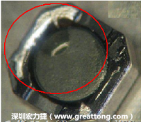 使用錫(Sn)鍍層的電源電感器(Power Inductors)，經(jīng)過推力測(cè)試后，其焊點(diǎn)還保留在零件的端點(diǎn)上，所以推力比較高。