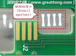 這個HotBar(熱壓熔錫焊接)吃錫的設(shè)計已經(jīng)對了一半，在印刷錫膏的時候在焊墊的中間位置減少錫膏，如果治具的設(shè)定正確的話，熱壓頭(thermode)要壓在焊墊中間的位置，焊錫的印出來結(jié)果如下面右圖所示。