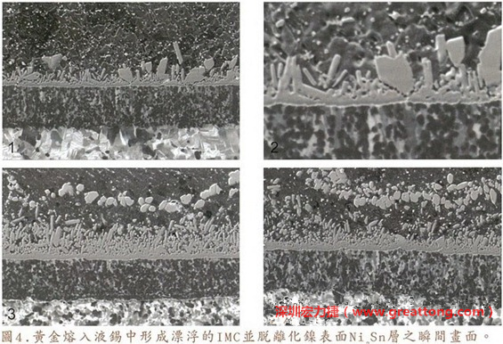 下面四張圖片為放大4500倍的SEM圖像，說明在回流焊爐熱量不足的情況下，黃金成份正要從鎳層分離融入焊錫之中的瞬間，當(dāng)零件遭受外力沖擊的時(shí)候就極有可能從這一整排AuSn、、AuSn2或AuSn4的IMC處裂開。