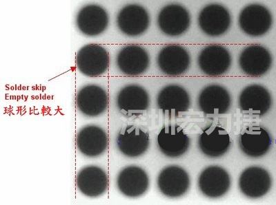 現(xiàn)在我畫幾條直線你再看看是否有發(fā)現(xiàn)那一顆BGA的錫球比較大，有空焊的可能？
