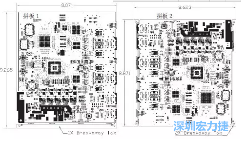 如圖7所示是使用不同數(shù)量邊條的拼板，拼板1僅使用了一個(gè)邊條，直接利用PCB另一邊作為SMT工藝傳送邊，并且PCB圖形中有合適的安裝孔；而拼板2則是按常規(guī)設(shè)計(jì)了兩個(gè)邊條。拼板方式為連接筋。圖中“Breakaway Tab”指邊條-深圳宏力捷