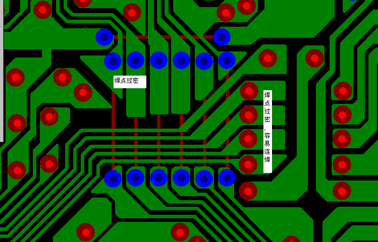 PCB設(shè)計(jì)焊點(diǎn)過密，易造成波峰連焊，焊點(diǎn)間漏電