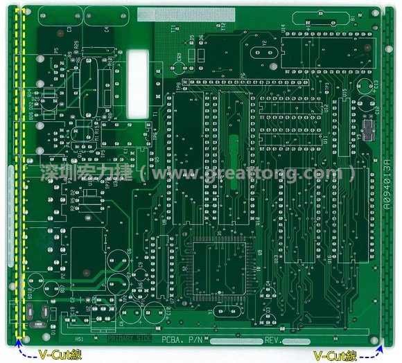所謂【V-cut】是印刷電路板(PCB)廠商依據客戶的圖紙要求，事先在PCB的特定位置用轉盤刀具切割好的一條條分割線，其目的是為了方便后續(xù)SMT電路板組裝完成后的「分板(De-panel)」之用，因為其切割后的外型看起來就像個英文的【V】字型，因此得名。
