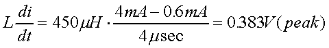 舉例來說，一個閘在"ON"而載有4mA的電流時，突然開關(guān)切到"OFF"且現(xiàn)在載有0.6mA的電流，假設(shè)開關(guān)時間為4msec，載有450mH的電感信號的導體，此時所產(chǎn)生的電壓突波為