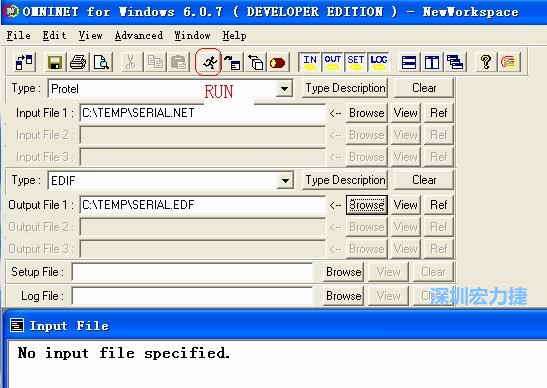 輸出文件類型(Type)選 EDIF。Output File 1 指定輸出文件的文件名和路徑。然后點擊 Run(跑動的小人)。