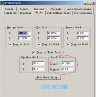  改銅皮的填充網(wǎng)格Global→Design Units，填充方向Drafting→Direction；Hatch Grid中Copper此數(shù)值為大銅箔中所填充的線條中心到中心的距離。