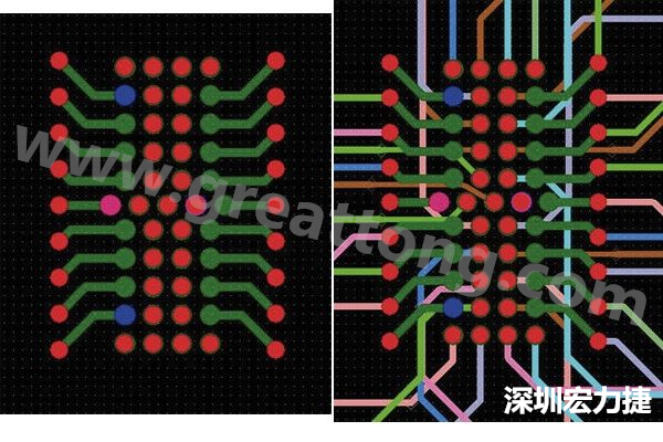 圖7：焊盤內(nèi)過孔用于內(nèi)部，而外部接腳在0.5mm閘格上扇出。圖7a顯示的是頂層(左)；圖7b顯示頂層和內(nèi)部布線層(右)。