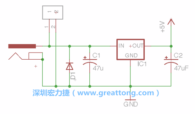 2.5.    新增一個(gè)二極體，它會(huì)以水平的狀態(tài)出現(xiàn)在屏幕上，請(qǐng)使用「旋轉(zhuǎn)（Rotate）」工具把它負(fù)極那一面朝上，并且用「網(wǎng)絡(luò)連接」工具將它連接在電壓調(diào)整器的輸入端和接地端之間。