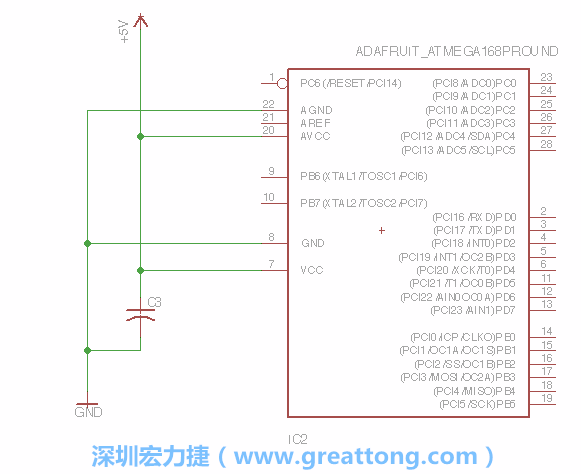 3.1.    新增微控制器晶片（RBBB → ATmega），把它放在電路原理圖的中央附近，把它的兩個接地接頭連接到接地訊號端。