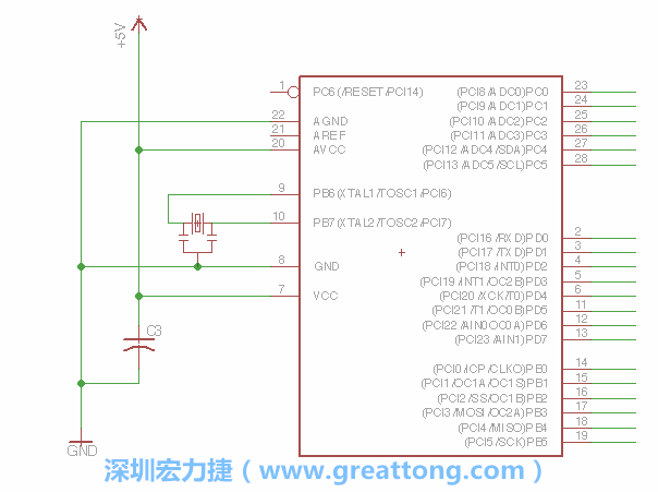 3.2.    在靠近ATmega的電源供應(yīng)針腳7的位置放置一個0.1μF的電容，將它分別連接電源、接地端和針腳7。
