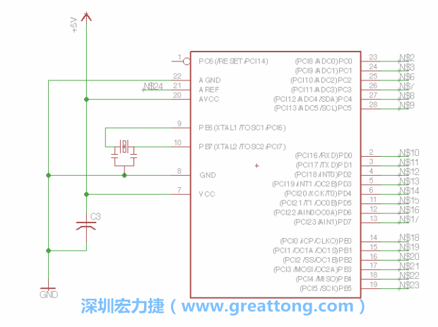 3.3.    將共鳴器（resonator）放置在針腳9和針腳10附近，將它的三個針腳連接如圖所示，并確認(rèn)最中間的針腳有連到接地端。