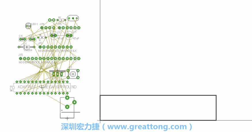 第一次執(zhí)行布線編輯器時，你會發(fā)現(xiàn)有兩個區(qū)塊，左邊的區(qū)塊非?；靵y，而右邊的區(qū)塊則是一個長方形的工作區(qū)域，EAGLE免費版會限制你的工作區(qū)域在4” x 3.2”的范圍內，如果你試圖將元件擺放在工作區(qū)外的話，就會跳出警示訊息。