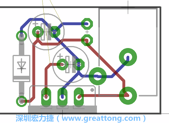 接地連結點的布線情形如下圖所示，利用這個練習來避免電路連線銳角化的產生是一個不錯的選擇，你可以在工具列中的彎曲線路（Wire Bend）選項里改變各種布線的變化。