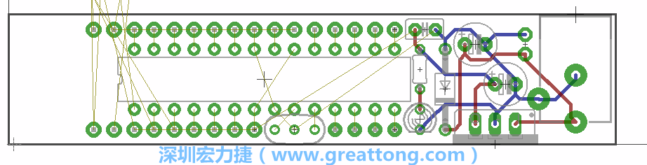 將ATmega微控制器、三個GPIO排針（JP2, JP3, JP4）和諧振器（resonator）排置如上圖所示。
