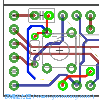 要在電路板正面進行+5V信號線連結和其他連結點的布線工作是非常容易的，而重置信號線（信號線用來連結電路板正面左邊的重置開關）需要經過一個可以通過電路板正反兩面的電路通道，這個通道是一個可以讓電路板正反兩面線路連接的一個小孔。