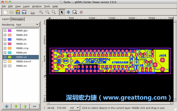 將圖層匯入你的Gerber預覽工具內(nèi)（下圖為Gerbv），我通常會從上到下重新排列它們的順序，好讓我比較好校對：