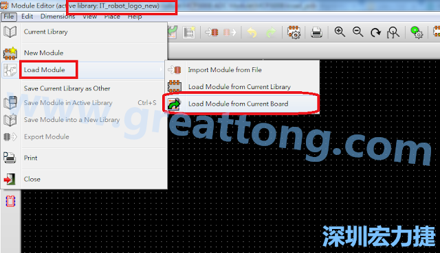 進入Module Editor去載入其他Footprint(Module)進來， 從目前的Active library (不過要先選取一個Current library ) 載入Module 或從目前正在編輯的PCB載入Module。